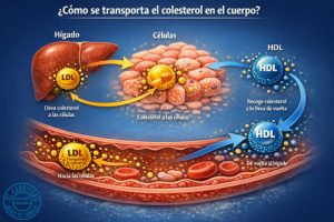 Imagen explicativa del recorrido del colesterol desde el hígado hasta las células y de vuelta al hígado.