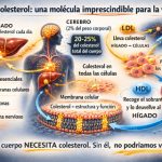 Infografía sobre la función esencial del colesterol en el cerebro, la mielina, las células y su producción en el hígado.