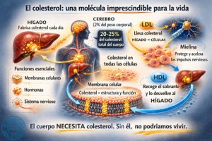 Infografía sobre la función esencial del colesterol en el cerebro, la mielina, las células y su producción en el hígado.
