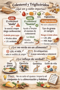 Infografía sobre colesterol y triglicéridos que explica la diferencia entre LDL y HDL, el papel de las grasas saturadas en la etiqueta y la importancia de la dieta y el estilo de vida.