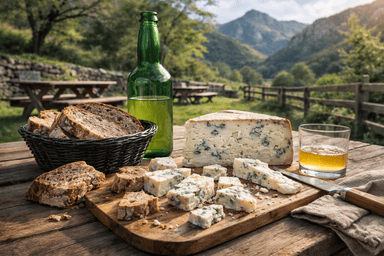 cata queso azul de El Cabriteru con sidra y pan de centeno en Arenas de Cabrales