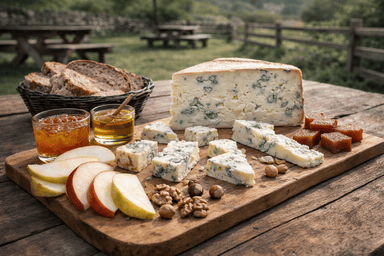 Tabla de queso azul de El Cabriteru con pan de centeno, manzana, pera, nueces, avellanas, pasas, orejones, miel, mermelada y membrillo.