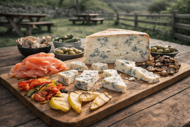 Queso azul de El Cabriteru con salmón ahumado, encurtidos, verduras asadas, setas salteadas, manzana asada y pera a la plancha.