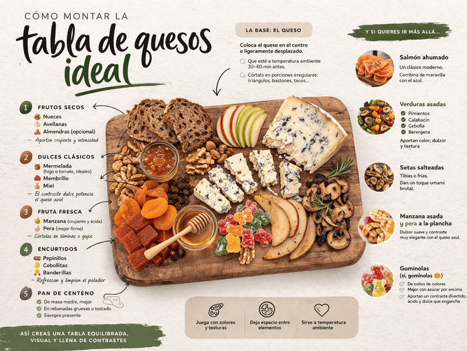 Infografía cómo montar una tabla de queso azul de El Cabriteru con pan de centeno, frutos secos, fruta, dulces y acompañamientos.